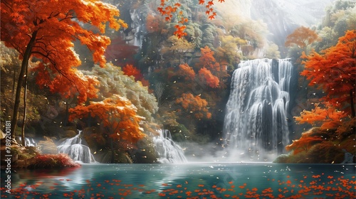 Autumn waterfall in a serene forest with green hues, surrounded by natural rocks and flowing streams, perfect for nature lovers and tourists