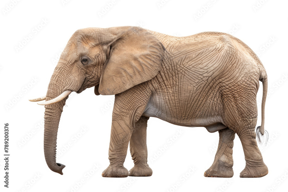 An elephant standing prominently in front of a plain white background, showcasing its size and strength An elephant standing prominently in front of a plain white background, showcasing its size and strength