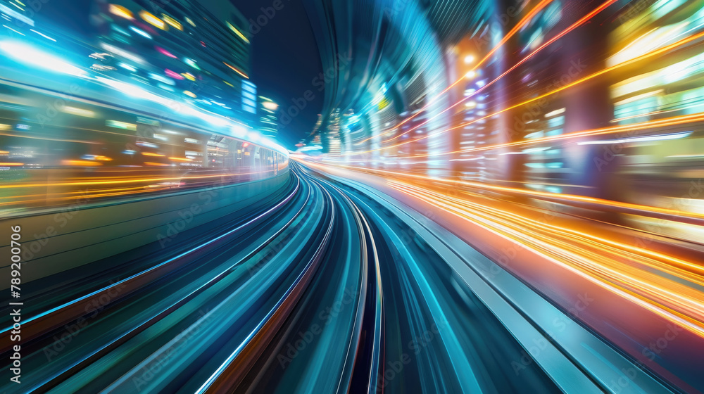 A train moves through a city at night, surrounded by the glow of streetlights and illuminated buildings A train moves through a city at night, surrounded by the glow of streetlights and illuminated buildings