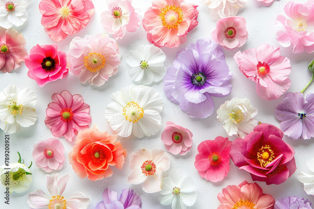 A variety of colorful flowers neatly arranged on white background