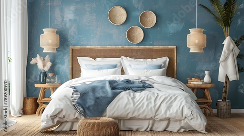 Front view of modern bedroom interior in nautical marine style with blue decorative stucco wall wicker furniture ceiling wooden lamps white soft bed photo