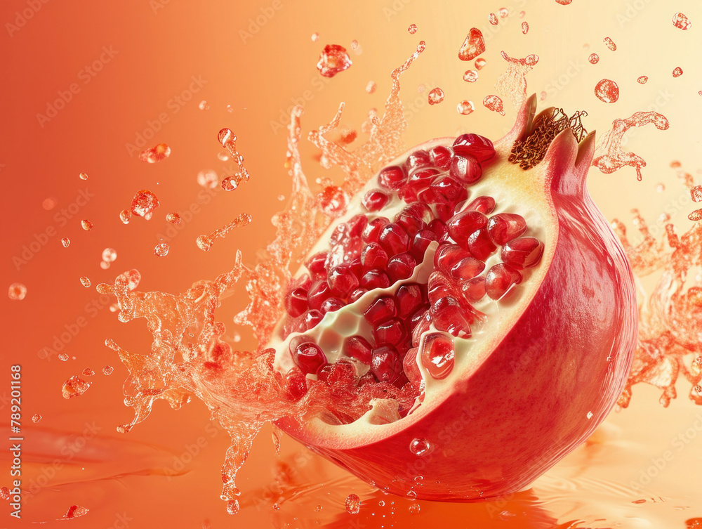 Fresh and Juicy Pomegranate Getting Splashed with Water on Vibrant Orange Background Fresh and Juicy Pomegranate Getting Splashed with Water on Vibrant Orange Background
