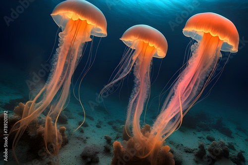 Bioluminescent jellyfish under the ocean depths underwater marine life glowing sea creatures © GhulamAsghar