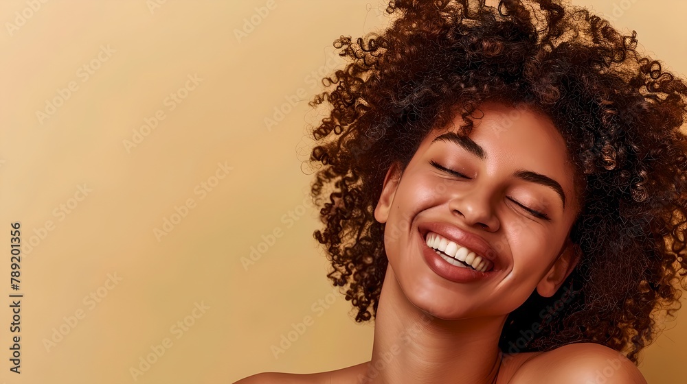 Joyful African American woman with curly hair smiling, beauty and happiness concept on beige background. Natural beauty and lifestyle portrait. AI