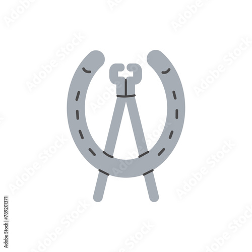 Horseshoe with tool. Ferrier worker. Equine health. Equestrian sports. Horse stables job. Vector illustration colored flat hand drawn isolated on white background.