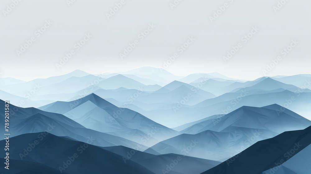 Mountain range shrouded in fog with rolling hills and cloudy skies