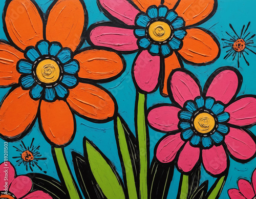 Artistic Floral Mural with Pink and Orange Blooms