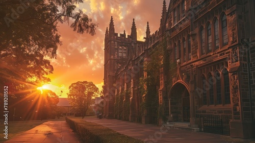The warm glow of sunset bathes a historic university building  highlighting its architectural beauty and serene academic atmosphere.