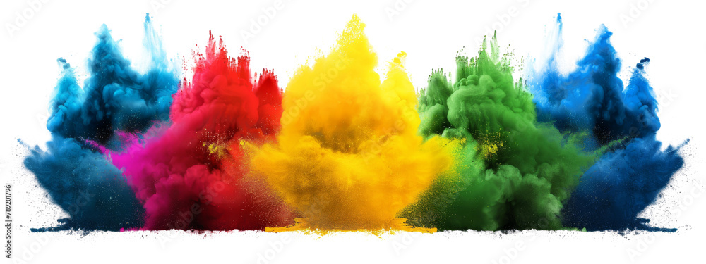 Colorful explosion of holi paint powder, blue, red, yellow, green color, white transparent isolated background