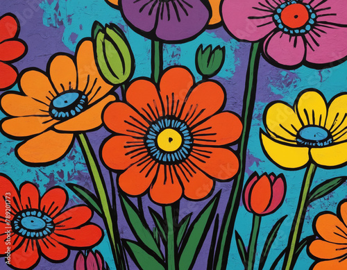 Wallpaper Mural Colorful Painted Flowers on Blue Background Torontodigital.ca