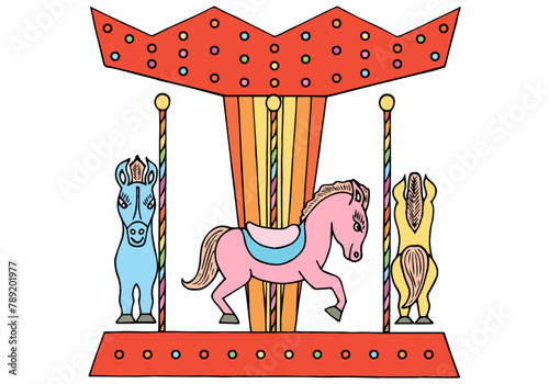 Children's carousel with small pony horses. Freehand drawing. Doodle. Hand Drawn. Outline.