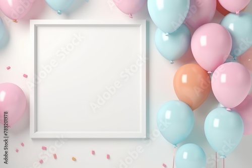 3d render of white empty frame with pastel balloons on white background