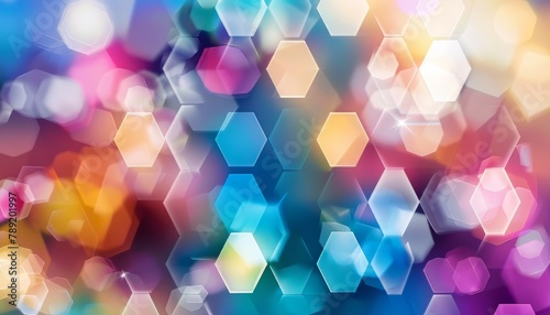 Hexagon shaped colorful bokeh abstract digital background, blue, yellow, pink, orange