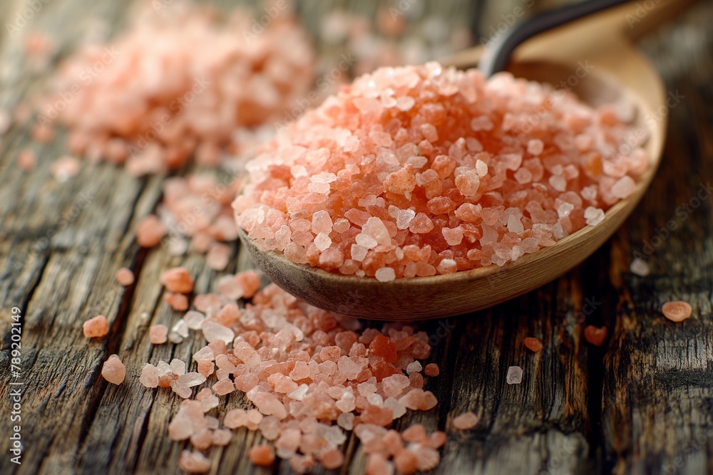 spoon of pink Himalayan salt on wooden table closeup, spoon of pink Himalayan salt, Himalayan salt closeup, salt closeup, fresh raw salt, salt background, salt, namak spoon of pink Himalayan salt on wooden table closeup, spoon of pink Himalayan salt, Himalayan salt closeup, salt closeup, fresh raw salt, salt background, salt, namak