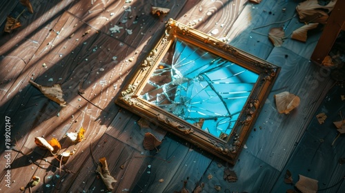 A broken family picture frame on the floor, symbolizing domestic discord photo