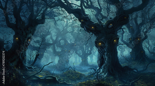 3D illustration of misty tree eyes in the dark background.