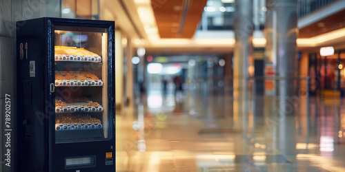 Modern black snack machine in a minimalist shopping center interior. Small business, self-service vending machines in public places.