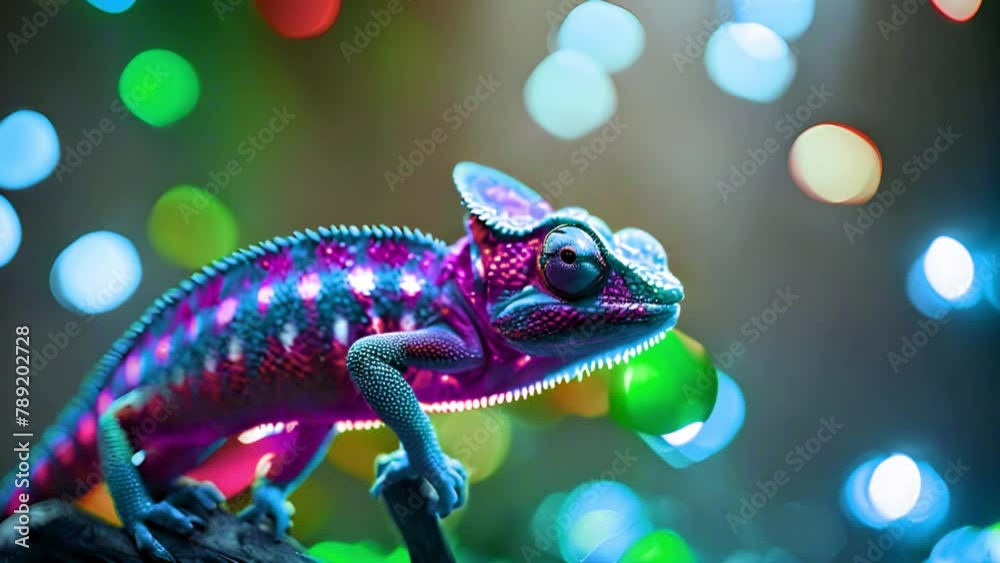 Beautiful bright chameleon in neon colors flickering lights in nature. Multicolor glow blue purple beautiful reptile chameleon with bright skin. The concept of disguise and bright skins. Tropical 4k