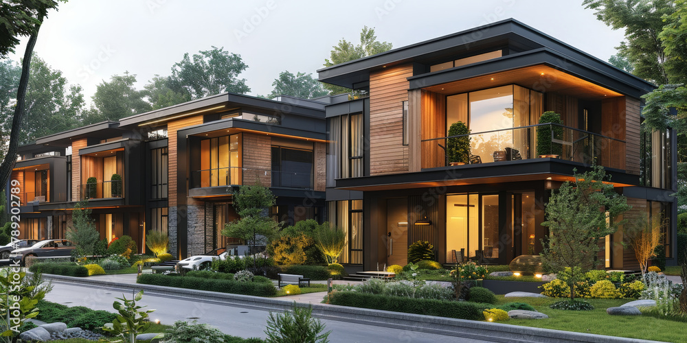 A row of modern new build houses, set on an urban street with green lawns and trees .