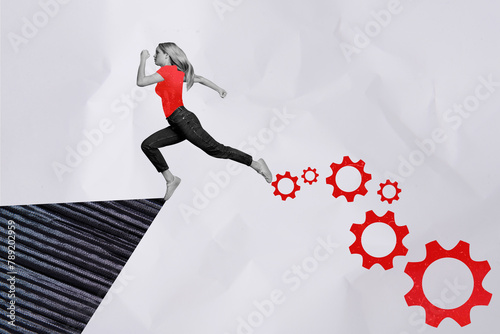 Composite photo collage of serious girl run climb mountain promotion development gearwheel optimization isolated on painted background