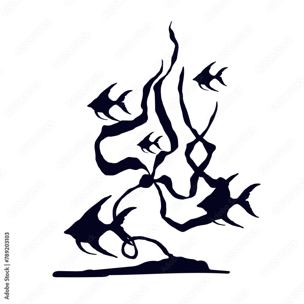 Silhouette of seaweed with schools of fish.Vector graphics. Silhouette of seaweed with schools of fish.Vector graphics.