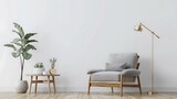 Interior of living room with wooden coffee table golden floor lamp and gray armchair against white wall