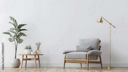 Interior of living room with wooden coffee table golden floor lamp and gray armchair against white wall photo