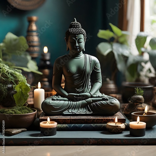 A serene Buddha statue sits in meditation  surrounded by ornate designs  vibrant colors  and lit candles  exuding calm and spirituality.
