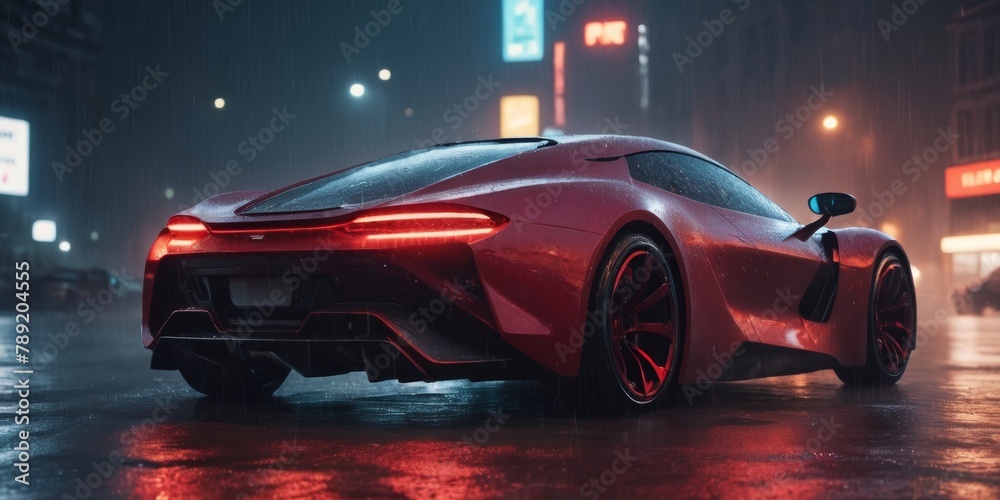 futuristic car in the night rainy city