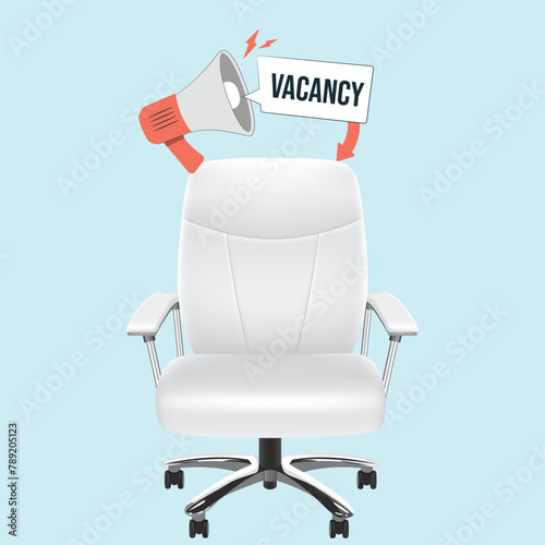 Composition with office chair and vacancy sign. Concept of hiring and recruiting in business. Sign in for job seekers. Blank space for applicants, vacancy announcement, hiring in a company.