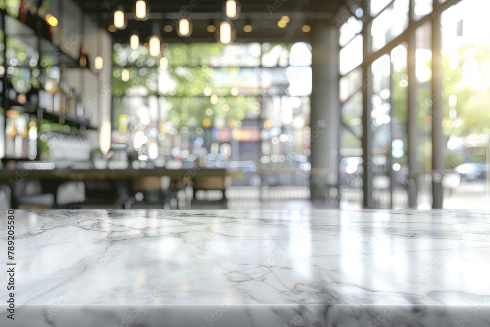 Empty white marble stone table top and blur glass window interior cafe and restaurant banner mock up abstract background - can used for display or montage your products - generative ai