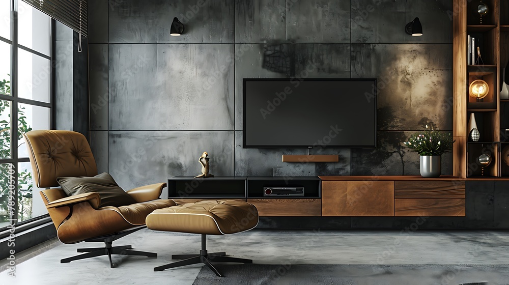 Living room interior have cabinet for tv and leather armchair in cement ...