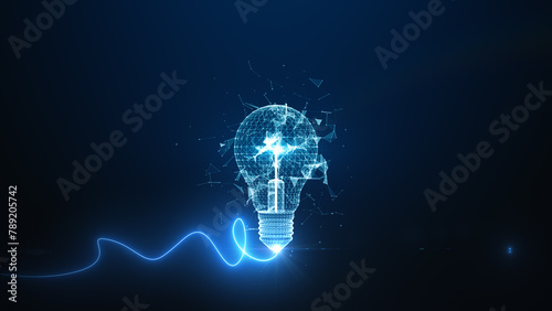 Wireframe light bulb with energy wave, Digital light bulb concept on a dark blue background, depicting innovation and technology, Creative idea concept. 3d rendering