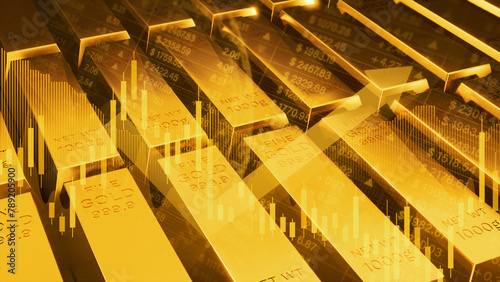 Gold bars and financial graph concept, Digital illustration of gold bars with an overlaying stock market graph representing wealth and investment strategies. 3d rendering