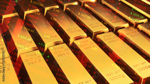 Downtrend gold investment background, Digital illustration of gold bars with an overlaying stock market graph representing wealth and investment strategies. 3d rendering
