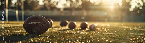Several footballs are lined up on the field in the sun. Banner photo
