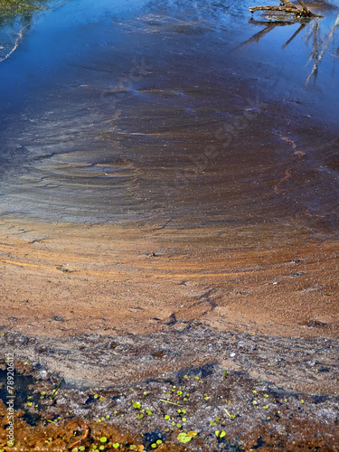 Heavily polluted water, surface biofilm, bacterial tuft. Blue-green algae (Cyanobacteriae) surface of reservoir looked like at beginning of life 3.5 billion years ago. Cambrian life's origin photo