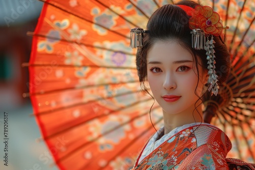 A woman in colorful kimono holding an umbrella stands with a serene expression
