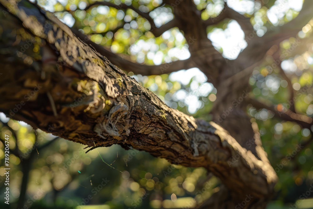 Fototapeta premium Beautiful green tree branch in the park. Close-up photography