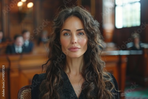 A female judge with voluminous curly hair portrays jurisdictional authority and thoughtful consideration photo