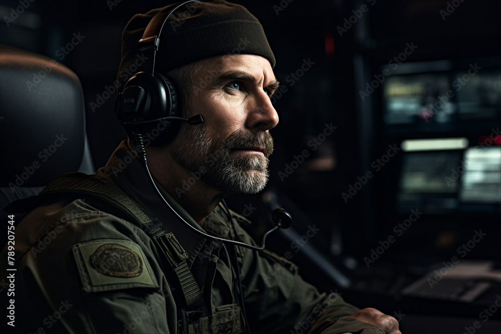AI generated portrait of military checking and working on computer for surveillance tracking drone operations AI generated portrait of military checking and working on computer for surveillance tracking drone operations
