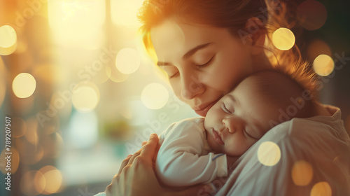 A woman lovingly cradling a baby in her arms. Mother holding her newborn baby close.A mother embracing her infant child, Ai generated photo