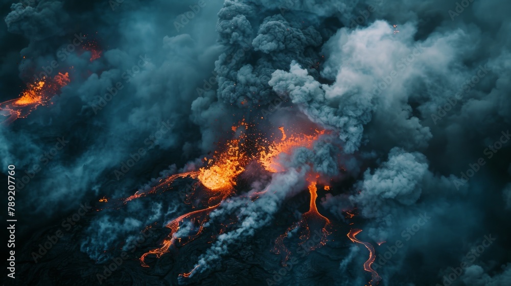 A volcanic event with smoke, heat, and gas polluting the landscape from above