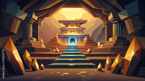 a multi-level large cave filled with gold, precious stones, an angle from below,Illustration,digital,illustration,vector,bright colors, Cave treasures: shining gold and precious stones in the depths