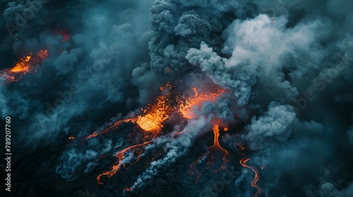 A volcanic event with smoke, heat, and gas polluting the landscape from above