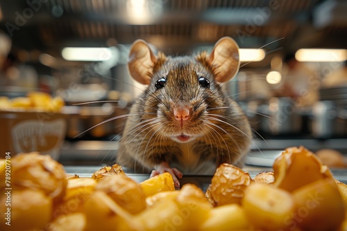 A charming rat appears inquisitive over a delicious spread of roasted potatoes, invoking a sense of mischief and indulgence