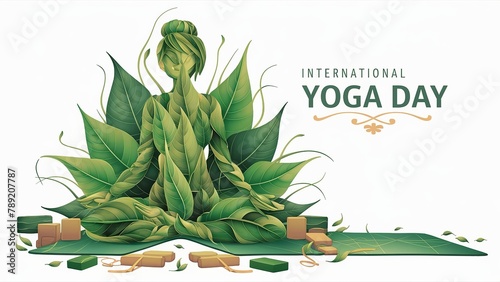 21 June, INTERNATIONAL YOGA DAY, yoga day illustration, with woman made with leaves sitting in lotus yoga pose, white background