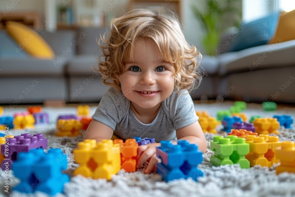 Little kid joyfully plays with multicolored building blocks on a carpeted floor Little kid joyfully plays with multicolored building blocks on a carpeted floor