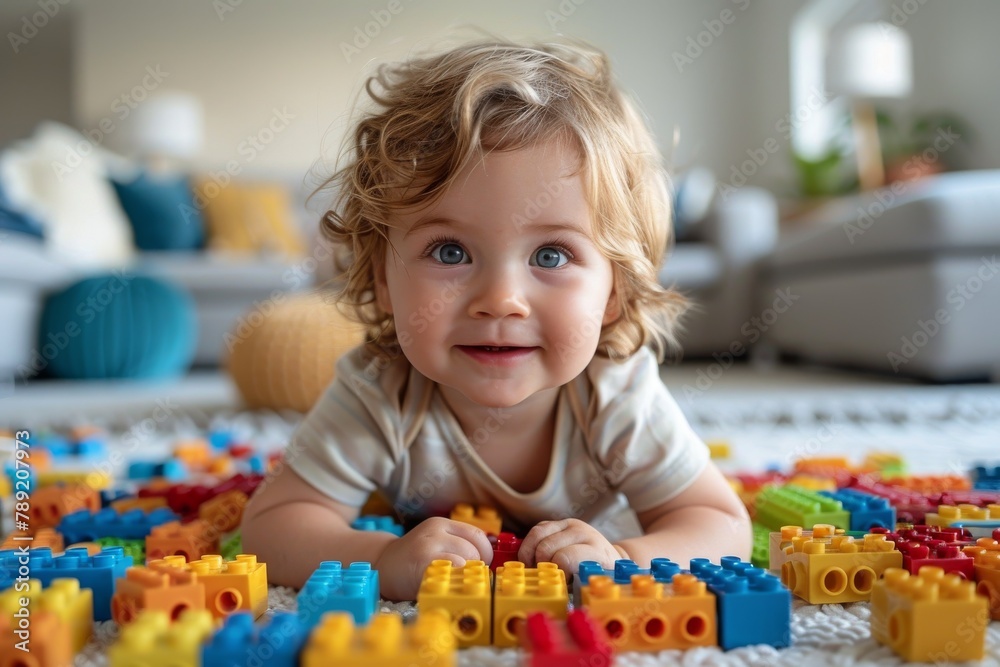 Smiling toddler with wavy hair enjoys playing with colorful plastic building blocks Smiling toddler with wavy hair enjoys playing with colorful plastic building blocks