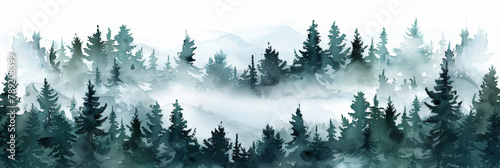 green watercolor  forest with fog on white background,	
 photo